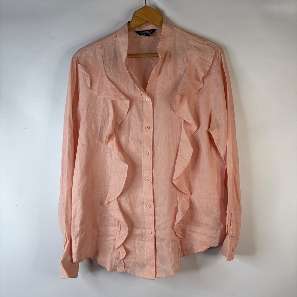 Lauren Ralph Lauren Button Down Women Large Pink Linen Ruffle Front Shirt